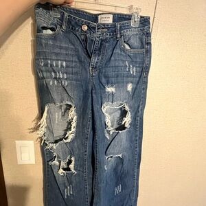 Distressed Blue Denim Wide Leg Jeans